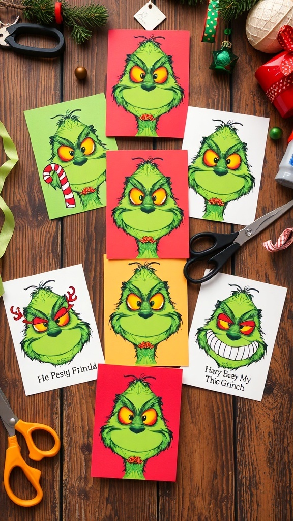 Handmade Grinch Christmas cards with festive designs on a wooden table.